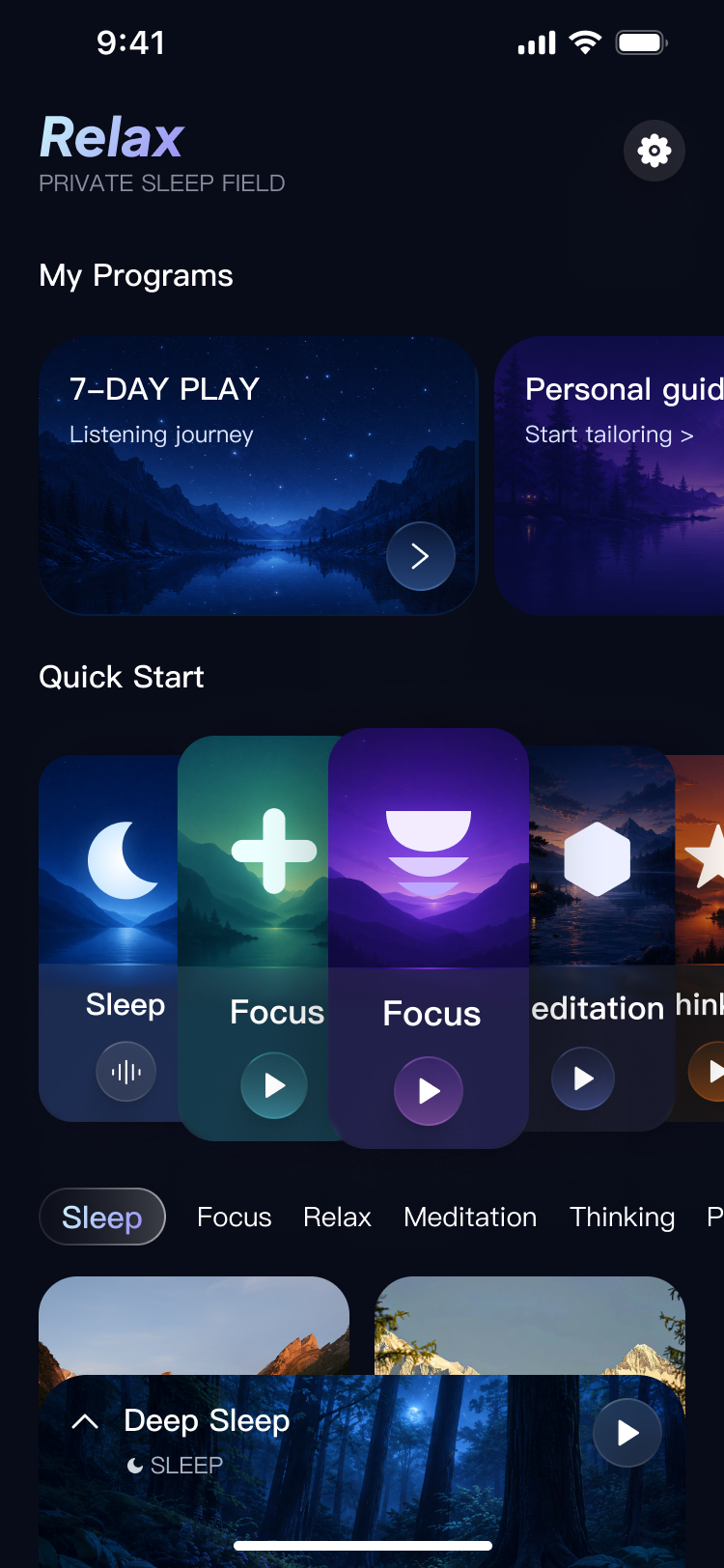 Relax app home screen with sleep and focus meditation programs
